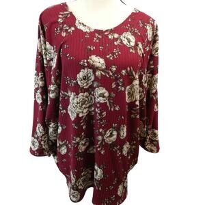 Kim & Cami Women's Large Tunic 3/4 Sleeves Floral Ribbed Stretchy Boho Peasant